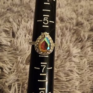 Sterling Silver Ring with Yellow Iridescent Teardrop Stone